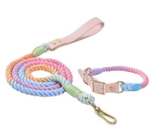 Luxe Royal Leather Rope Dog Leash and Collar Set (Color: Macaron)