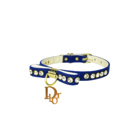 Velvet Dior Dog Charm Collar (Color: Blue, size: 10")