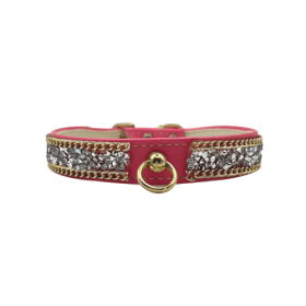 Chunky Rhinestone and Chain Dog Collar (Color: Pink, size: 10")