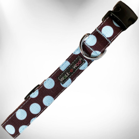 Walk-e-Woo Polka Dot Dog Collars (Color: Blue Dot on Brown, size: L 1" width fits 14-25" neck)