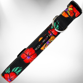 Nature-Lover Outdoor Adventure Flat Dog Collars by Walk-e-Woo (Color: Flowers on Black, size: L 1" width fits 14-25" neck)