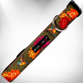 Nature-Lover Outdoor Adventure Flat Dog Collars by Walk-e-Woo (Color: Hummingbird Flowers, size: L 1" width fits 14-25" neck)