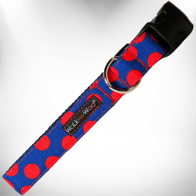 Walk-e-Woo Polka Dot Dog Collars (Color: Red Dot on Blue, size: L 1" width fits 14-25" neck)