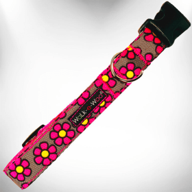 Walk-e-Woo Flower Dog Collars (Color: Pink Daisies on Grey, size: L 1" width fits 14-25" neck)