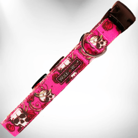 Walk-e-Woo Tattoo Dog Collars (Color: Pink Skulls n' Roses, size: XL 1.5" wide fits 18-28" neck)