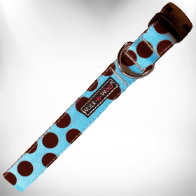 Walk-e-Woo Polka Dot Dog Collars (Color: Brown Dot on Lt Blue, size: XS 5/8" width fits 8-12" neck)