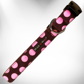 Walk-e-Woo Polka Dot Dog Collars (Color: Pink Dot on Brown, size: XS 5/8" width fits 8-12" neck)