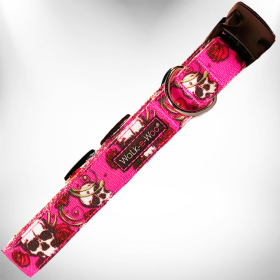 Walk-e-Woo Tattoo Dog Collars (Color: Pink Skulls n' Roses, size: XS 5/8" width fits 8-12" neck)