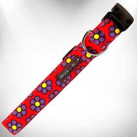 Walk-e-Woo Flower Dog Collars (Color: Purple Daisies on Red, size: XS 5/8" width fits 8-12" neck)