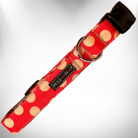 Walk-e-Woo Polka Dot Tan Dog Collars (Color: Tan Dots on Red, size: XS 5/8" width fits 8-12" neck)