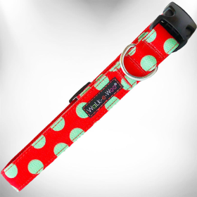 Walk-e-Woo Polka Dot Dog Collars (Color: Mint Green Dot on Red, size: XS 5/8" width fits 8-12" neck)