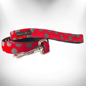 Walk-e-Woo Polka Dot Dog Leads (Color: Grey Dot on Red, size: REGULAR Lead 1" width- 5' length)