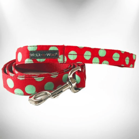 Walk-e-Woo Polka Dot Dog Leads (Color: Mint Green Dot on Red, size: REGULAR Lead 1" width- 5' length)