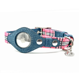 Urban Dog Stars AirTag Dog Collar (Color: Pink Plaid & Denim, size: small)